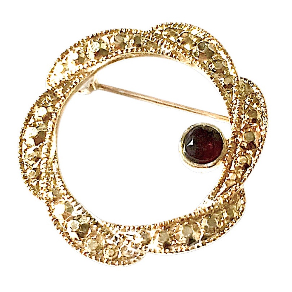 Garnet Gold Circle Brooch Vintage